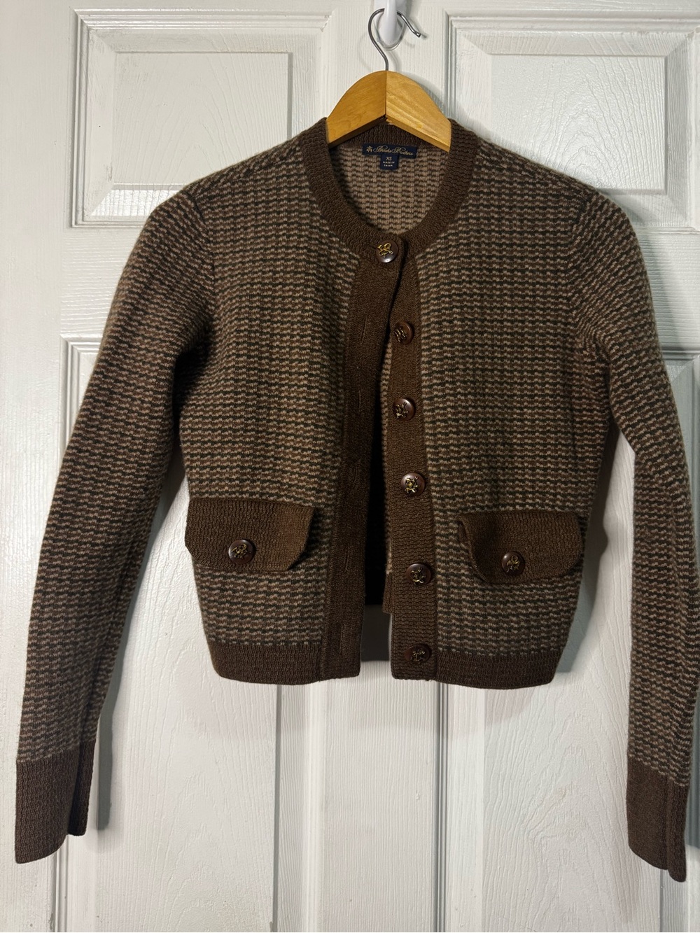 Brooks Brothers Brown Houndstooth 100% Merino Wool-Blend Cardigan